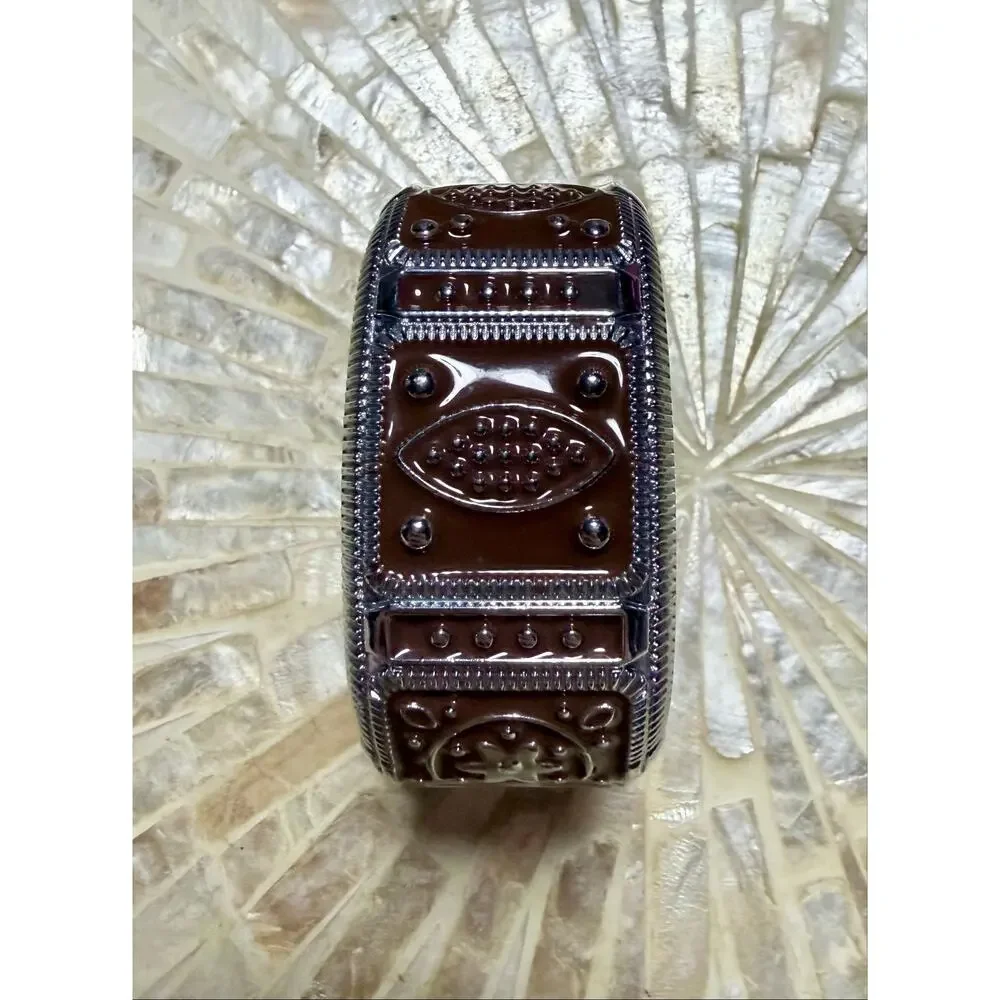 Narmi Brown Enamel Hinged Bangle Watch Silver Tone Cuff Bracelet